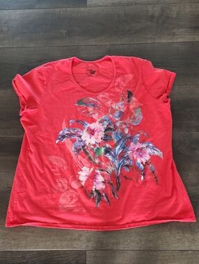 Just My Size Coral Scoop-Neck Short Sleeve Tee with Floral Print 4X